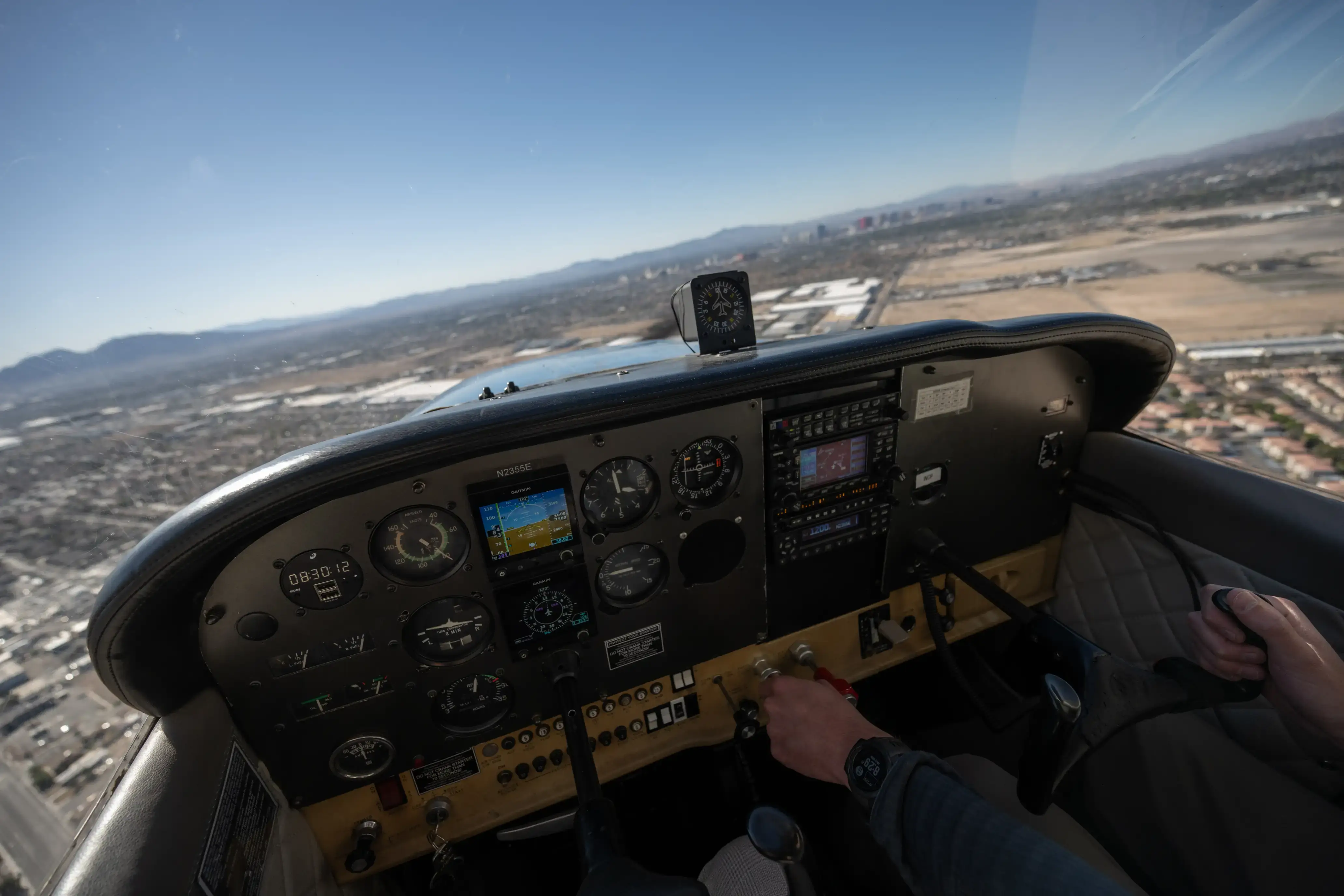 Cockpit instrument panel of flying airplane