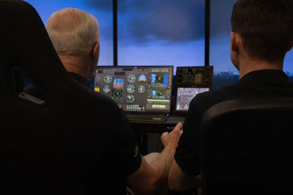 Backview of two men using a flight simulator